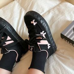 These Blokette Aesthetic Black and Pink Platform Sneakers feature a vegan leather upper with pink stripes, a low ankle rise, lace-up front, and cute pink bows all over. ✨Material: Vegan LeatherRun small, please review the sizing information Black Harajuku Style Lace-up Sneakers, Pink Harajuku Sneakers With Round Toe, Pink Lace-up Skate Shoes, Harajuku Style Black Sneakers With Round Toe, Trendy Pink Skate Shoes With Laces, Trendy Pink Lace Skate Shoes, Trendy Lace-up Skate Shoes For School, Pink Skate Shoes With Laces For Spring, Pink Skate Shoes For Spring