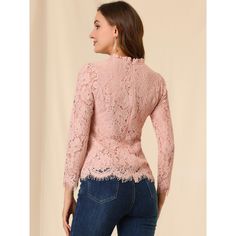 Add a bit of femininity to your look with the ruffle round-neck lace top. It features a long sleeve form, a ruffle neck, and lace fabric. It perfectly matches everyday jeans and skirts for a weekend casual look. A lace top puts a feminine spin on any day or night look with a charming feminine silhouette. Good options for parties, sweet dating, shopping, festivals, banquets, office outfits, casual wear, and daily outfits. Pink Ruffled Lace Top, Pink Lace Top With Ruffles, Pink Feminine Tops With Lace Sleeves, Feminine Pink Tops With Lace Sleeves, Pink Long Sleeve Tops With Lace Patchwork, Pink Feminine Top With Lace Sleeves, Pink Long Sleeve Top With Lace Patchwork, Elegant Long Sleeve Lace Top, Feminine Pink Lace Top With Lace Sleeves