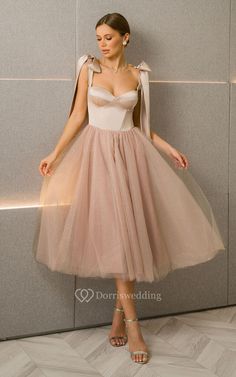 Blush Short A-line Satin Tulle Empire Dress Fitted Elegant Tulle Tea Length Dress, Chic Tulle Dress With Sweetheart Neckline, Prom Tulle Midi Dress, A-line Tulle Dress For Prom, Wedding Tulle Dress Midi Length, Midi Length Tulle Dress For Wedding, A-line Organza Midi Dress For Wedding, Wedding Tulle Dress In Midi Length, Tea Length Tulle Midi Dress For Prom