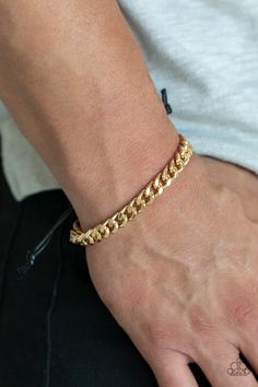 Paparazzi Throwdown Gold Men's Sliding Knot Bracelet Mens Bracelet Gold Jewelry, Man Gold Bracelet Design, Sliding Knot Bracelet, Adjustable Sliding Knot, Paparazzi Accessories Jewelry, Sliding Knot Closure, Gold Curb Chain, Mens Gold Jewelry, Jewelry Bracelets Gold