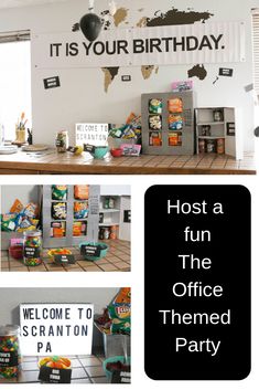 the office themed birthday party is decorated in black and white