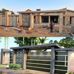 two pictures of the same house being built