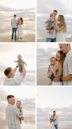 a couple holding their baby on the beach