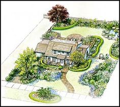 this is an artist's rendering of a house in the country side with lots of trees and shrubs