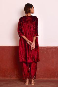 Cherry red empire line gathered kurta in velvet with heavy zardozi embroidery on yoke. Comes with black velvet salwar. - Aza Fashions Salwar Women, Velvet Salwar, Velvet Kurta, Zardozi Embroidery, Cherry Red, Anarkali, Aza Fashion, Black Velvet, Three Quarter