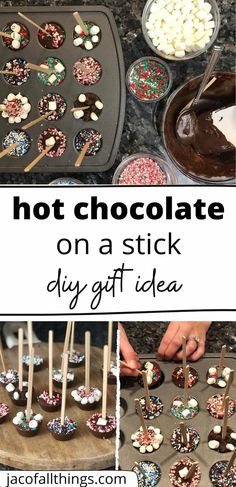 hot chocolate on a stick diy gift idea with text overlay that reads, not chocolate on a stick diy gift idea