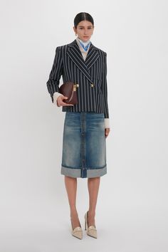 With a boxy fit, this double-breasted jacket is balanced by the feminine shape of a cropped silhouette. Exaggerated details such as an extra-wide lapel and collar imbue it with contemporary flair, while lustrous gold buttons at the centre front and cuffs add additional polish. Front patch pockets and a single chest pocket complete the look. Styled with the Cropped Long Sleeve Shirt, Wrap Detail Jumper, Placket Detail Denim Skirt, Foulard, Frame Stud Earrings and the Victoria Clutch Bag Victoria Scarf Frame, Vintage Indigo, Double Breasted Jacket, Denim Branding, Denim Details, Knee Length Skirt, Thom Browne, Gold Buttons, Blazer Coat