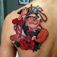 the back of a man's shoulder with an image of mario and luigi on it