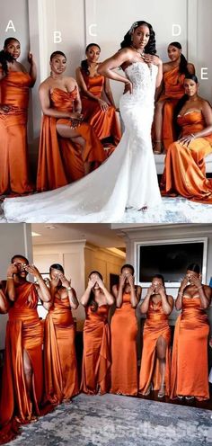 the bride and her bridal party pose for pictures in their orange wedding gowns