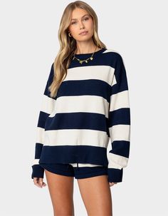 Elevate Your Sweater Game With This Trendy Striped Knit. With Its Cool Look And Oversized Fit, You'll Be Looking Cute & Cozy With Every Wear. Sweater. Oversized Fit. Striped Pattern. Knit Fabric. Matching Set. 100% Cotton. Model Wears Size S. Model Height Is 5'8. Item Care: Machine Wash At Maximum Of 30ºc, Do Not Bleach, Tumble Dry Low, Iron At A Maximum Of 110ºc, Do Not Dry Clean. | Edikted Riley Oversized Striped Sweater Jcrew Striped Sweater, Cute Tops For Winter, Costal Grandaughter Clothes, Cute Clothes Preppy, Cute Outfits For School 8th Grade, Trendy Christmas List, Cute Sweaters Aesthetic, Coastal Granddaughter Clothes, Fall Outfits With Shorts