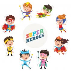 children dressed up as superheros with the words super heroes in various poses and expressions