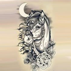 a drawing of a horse with flowers on it's head and the moon in the background