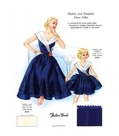 Fashion plates of the latest styles complete with sample fabric from a book sent only to retailers to choose their seasonal collections. Size: 66" H x 44" W | Buyenlarge Mother & Daughter Dress Alike - Advertisements Print in Blue/Brown, Size 30.0 H x 20.0 W x 1.5 D in | Wayfair | Home Decor Fashion Frocks, Daughter Dress, Mother Daughter Fashion, Mother Daughter Dress, Vintage Mom, Mother And Daughter, Fashion Plates, Girl Mom, 1950s Fashion