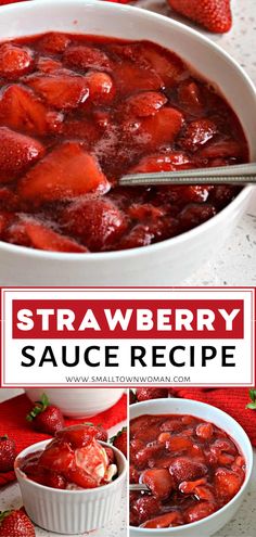 strawberry sauce recipe in a white bowl with strawberries on the side and title text overlay