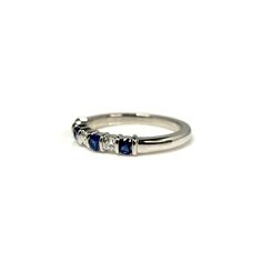 14K White Gold 3 Round Brilliant Diamonds = 0.17ctw., H-I/VS2-SI1 4 Sapphires = 0.33ctw., L2-M1 Ring size = 6.25 Classic Multi-stone Sapphire Ring With Diamonds, Formal Fine Jewelry Stackable Three-stone Rings, Classic Sapphire Ring With Diamond Half Eternity, Classic Multi-stone Round Cut Diamond Ring, Classic Multi-stone Diamond Rings, Multi-stone 14k White Gold Diamond Promise Ring, Classic 14k White Gold Multi-stone Rings, 14k White Gold Multi-stone Diamond Promise Ring, Classic White Gold Sapphire Ring Half Eternity