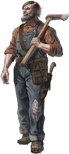 Overalls Character Art, Trapper Character Design, Carpenter Character Design, Modern Thief Character Design, Villager Concept Art, Farmer Character Art, Old Wild West Aesthetic, Explorer Concept Art, Farmer Concept Art