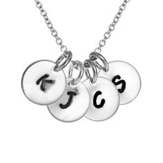 Four hand stamped initials charms are personalized with letters you choose! The initials stand-out in black on the four small charms. Coordinates Jewelry, Custom Initial Necklace, Family Tree Necklace, Round Tags, Monogram Jewelry, Small Charms, Cz Stud Earrings, Custom Initials, Engraved Jewelry