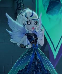 an animated image of a woman in a blue dress with white hair and angel wings