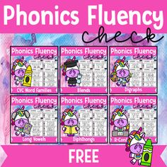 the phonics flueny check game is shown in pink and blue colors