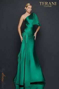 Looking for a gorgeous gown to make a statement at your next formal event? Check out the 2011E2044 from Terani Couture. This elegant one-shoulder dress features a draped bodice, bow accent, and ruched skirt. It's made from a luxurious taffeta fabric that's sure to turn heads. Couture Evening Dress, Couture Looks, Terani Couture, One Shoulder Gown, Sleeveless Gown, Dress Images, Mermaid Skirt, Mermaid Evening Dresses, Elegant Dresses Long