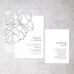 the wedding stationery is designed with black and white flowers