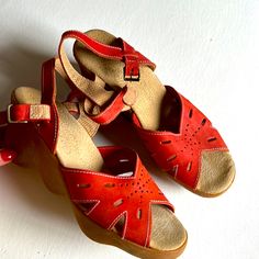 Super Cute Never Worn Deadstock Wedge Rubber And Leather Sandals. No Dry Rot Or Dry Glue In Perfect Shape And Comfy. Red Clogs For Beachwear In Summer, Red Closed Toe Platform Sandals, Red Open Heel Wedge Sandals For Summer, Red Summer Beach Clogs, Vintage Wedge Sandals With Removable Insole, Red Wedge Sandals With Round Toe For Summer, Red Round Toe Wedge Sandals For Summer, Casual Wedge Sandals With Red Sole And High Heel, Casual Wedge Sandals With High Heel And Red Sole