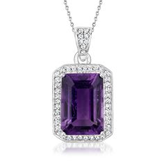 Ross-Simons - 4.80ct Amethyst, .24ct t. w. Diamond Pendant Necklace. 18". Amethyst lovers will appreciate the value of this impressive jewel. Our pendant necklace frames a 4.80 carat emerald-cut amethyst with .24 ct. t. w. round diamonds in polished sterling silver. Suspends from a cable chain. Springring clasp, diamond and amethyst pendant necklace. Amethyst birthstones are the perfect gift for February birthdays. Purple Amethyst Gemstones With Diamond Accents, Purple Diamond Necklace With Diamond Accents, Classic Amethyst Gemstones With Accents, Purple Amethyst Necklace With Diamond Accents, Purple Diamond Necklace With Gemstone Accents, Purple Necklace With Prong Setting For Anniversary, Elegant Purple Necklace With Prong Setting, Purple Prong Set Necklace For Anniversary, Purple Amethyst Necklace With Prong Setting