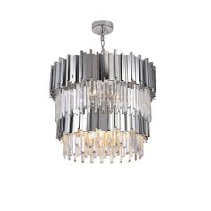 a chrome chandelier with crystal strands hanging from it's center point on an isolated white background