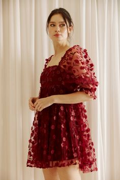 Dare to standout in the Adelina Burgundy 3D Floral Embroidered Dress. With elegant three-dimensional beaded floral embellishments and sheer mesh fabric, this dress will make heads turn. The square neckline and puffy sleeves add a touch of vintage charm, while the back zipper makes it effortless to slip into. Perfect for any special occasion, it's fully lined to keep you comfortably stylish. Composition:Polyester Burgundy Butterfly, Floral Babydoll Dress, Sundress Dress, Wedding Jumpsuit, Floral Embroidered Dress, Poplin Dress, Heart Dress, Wardrobe Style, Floral Baby