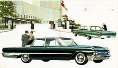 an advertisement for a car in the 1950's with people standing near it and other cars