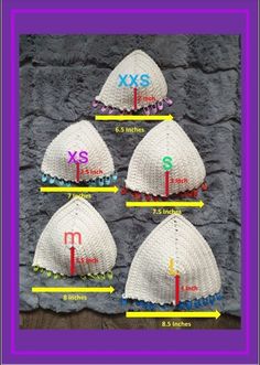 four crocheted hats are shown with the measurements for each item in front of them