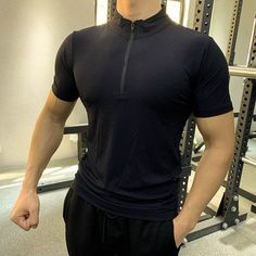 P40-1 zipper shirts High Stretch Short Sleeve T-shirt For Training, Fitted Breathable T-shirt For Athleisure, Sporty Dri-fit T-shirt For Workout, Fitted Athleisure T-shirt For Training, Sporty Dri-fit T-shirt For Gym, Fitted Breathable T-shirt For Gym, High Stretch Athleisure T-shirt For Sports, High Stretch Sportswear T-shirt For Workout, Moisture-wicking Stretch T-shirt For Gym