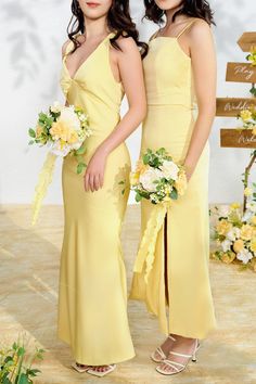 two beautiful young women standing next to each other wearing yellow dresses and holding bouquets