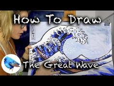 a woman is painting the great wave with acrylic paint on paper and then she's looking at it