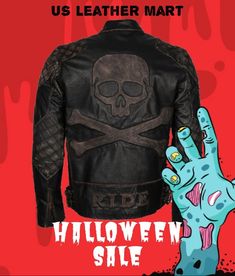 Buy your Halloween Leather Jackets now! on Sale at US Leather Mart. Vintage Biker, Men's Leather Jacket, Biker Leather, Halloween Sale, Halloween Skull, High Quality Leather, Motorcycle Jacket, Genuine Leather, Leather Jacket