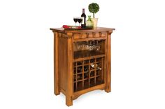 a wooden cabinet with wine glasses and bottles