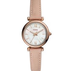 Description: From Fossil, The Carlie Mini Three-Hand Blush Leather Watch Features: Stainless Steel Round Case White Mother Of Pearl Dial Blush Leather Strap Buckle Closure Quartz Three-Hand Movement Case Size Approx. 28mm Water Resistant: 3 Atm 2-Year Limited Warranty Pet And Smoke Free Home. Fast Shipping. Gold And Silver Watch, Charm Bracelet Watch, Fossil Watches Women, Blue Watches, Fossil Watch, Hand Watch, Fossil Watches, Three Hands, Pearl Leather