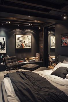 Black Room Ideas For Men, Black Room Ideas, Sons Room, Dark Deco, Bedroom Ideas For Men, Men's Bedroom, Men Apartment, High Rise Apartments