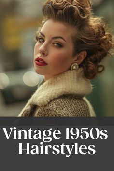 Woman with vintage 1950s hairstyle and red lipstick, wearing a fur-collared coat and pearl earrings. Pink Ladies Grease Hairstyles, 1950s Womens Hairstyles, Pin Up Hairstyles For Short Hair, 50s Updo Hairstyles, 1950s Hair Tutorial, 1950s Hairstyles For Long Hair, 1950 Hairstyles, 50's Hairstyles, Fifties Hair