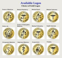 various medical logos and emblems on white paper with gold foiled text that says, available in multiple font styles