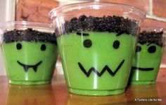 three green cups with faces drawn on them and dirt in the middle one cup says, food color vanilla pudding to green with oreo crumbs on top then sharpen