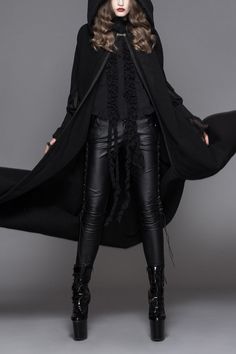 The body is made of warm double-faced woollen cloth, and the brim is made of goth court burnt fabric.The center front is stitched with 3D ribbons,and the neckline is connected with a hook buckle.The upper feather can be removed separately for use as a small cape. Color:  Black Materials:  Polyester 90%,Viscose 10% Notice:  Other Accessories Are Not Included Style Types:  Gothic Version:  Loose Soft Index:  Hard Elastic Index:  Inelastic Thickness Index:  Thick Size(IN) Shoulder Width Center Back Burnt Fabric, Gothic Cape, Steampunk Coat, Gothic Coat, Style Types, Gothic Steampunk, Trending Now, Black Fashion, Cape