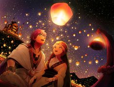 two women sitting on a bench looking at the sky with lanterns floating in the air