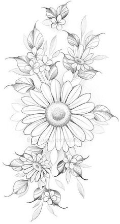 a black and white drawing of flowers with leaves on the bottom, one flower in the middle