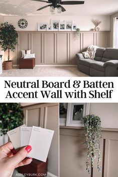 neutral board & batten accent wall with shelf and paint swatches in living room