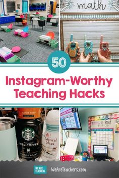 the words instagramm worthy teaching hacks are shown in this collage with images of