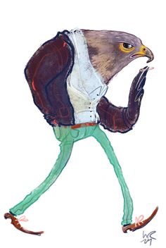 a drawing of an eagle walking with its hands in his pockets and wearing a jacket