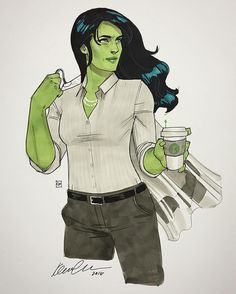 a drawing of a woman with green hair holding a coffee cup and a cell phone