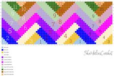 a cross stitch pattern with numbers and colors on the bottom half of it, as well as an arrow