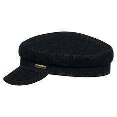 a black hat with gold buttons on the side and an embroidered band around the brim